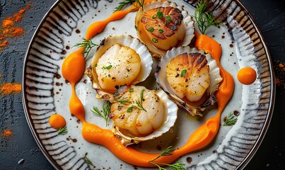 Fresh scallop seafood with cream sauce on plate makes it even beautiful and delicious Generate AI