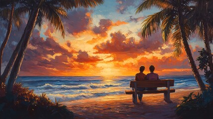 Romantic Sunset Over Ocean: A Tranquil Couple on a Rustic Bench - Perfect Wall Art Poster for Relaxing Spaces and Tropical Interiors