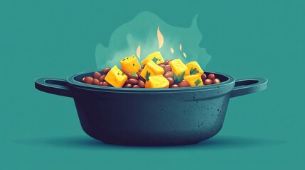 Canvas Print - Colorful Stew in Black Pot with Flames and Veggies