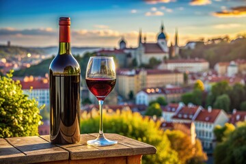 Bottle of red wine with scenic sunset view of a European city. Silhouette of buildings in historical old town. Background of panoramic view of a European city