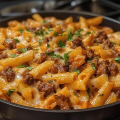 Close-Up of Pasta with Meat Sauce and Cheese in a Black Pan