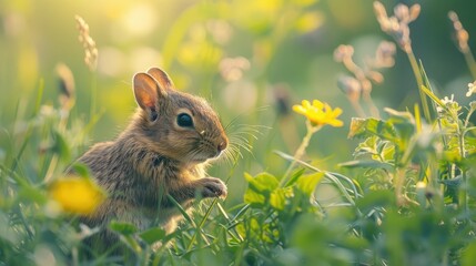 Little wild rodent feeding on herb in green summer pasture