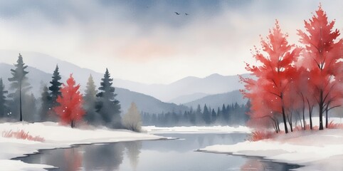 Poster - watercolor landscape with red trees and snowy mountains
