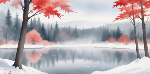 Poster - watercolor landscape with red trees and snowy mountains
