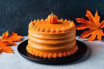 Wall Mural - pumpkin-themed cake with orange frosting and fall leaves
