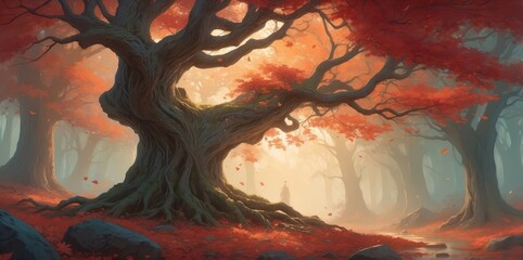 Poster - majestic tree with red autumn leaves in misty forest
