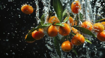 Citrus Splash: A cascade of freshness engulfs a branch of vibrant tangerines, each droplet reflecting the juicy allure within. 