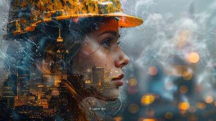 Building progress: worker in a helmet on background of city construction site, double exposure concept for labour day, celebrating dedication and hard work that drives urban development