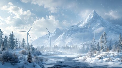 Snow-covered mountain landscape with wind turbines.