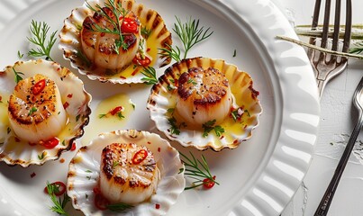 Wall Mural - Fresh scallop seafood with cream sauce on plate makes it even beautiful and delicious Generate AI