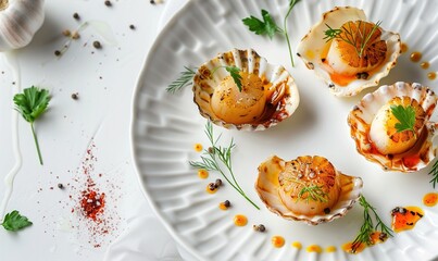 Wall Mural - Fresh scallop seafood with cream sauce on plate makes it even beautiful and delicious Generate AI