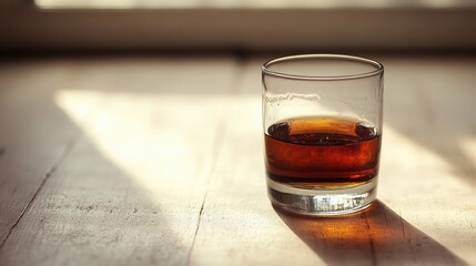 Canvas Print - Elegant Glass of Whiskey on Sunlit Wooden Surface