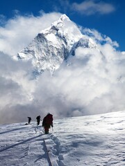 Wall Mural - montage of three hikers on glacier and mount Ama Dablam