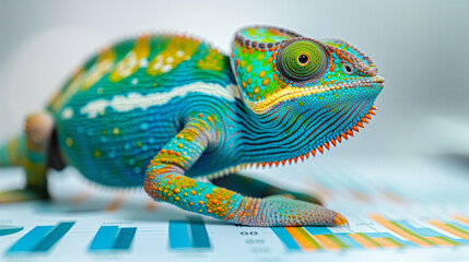 Wall Mural - Adaptability: A chameleon changing color on a business chart, illustrating the ability to adapt to changing environments, with copy space