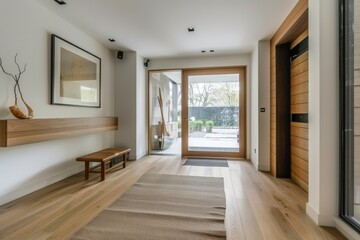 Poster - A large open space with a wooden door leading to a patio