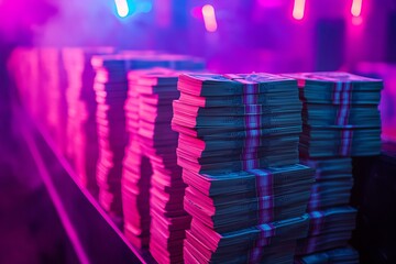 Cash stacks under pink and blue lights in nightclub setting, enhancing vibrant atmosphere