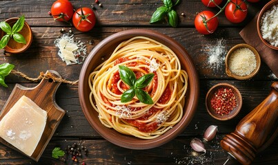 Wall Mural - Serving spaghetti with tomato sauce on the plate makes it look delicious and attractive Generate AI