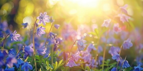 Wall Mural - close up of beautiful bluebell flowers in spring sunlight with a shallow depth of focus
