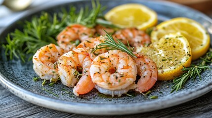 Wall Mural - Grilled Shrimp with Lemon and Herbs on Plate