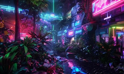 Wall Mural - Neon Cityscape Jungle