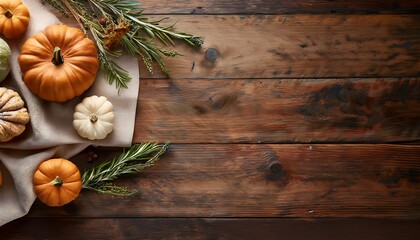 Autumn Harvest mockup - A top-down view of a Thanksgiving table with a rustic wooden surface - pumpkins. Graphic art illustration with copy space