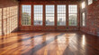 © Tanuha - a spacious, empty studio with a wooden floor, a brick wall, and large windows that flood the room with natural light, perfect for dance or creative activities.
