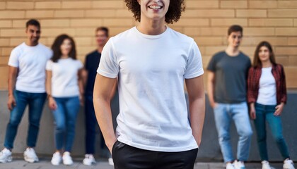 Young Model Shirt Mock up, Boy wearing white t-shirt on street in daylight, Shirt Mock up Template on hipster adult for design print. Generative Image