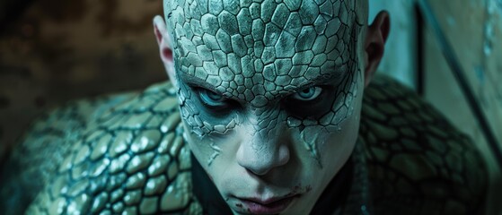 Poster - A person with reptile skin and piercing blue eyes. AI.