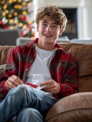 Poster - A young boy smiles as he opens a Christmas present. AI.