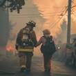 © serg3d - A firefighter helps an elderly person evacuate a burning area. AI.