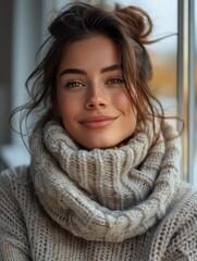 Canvas Print - A woman with freckles smiles in a cozy sweater. AI.