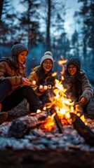 Canvas Print - Friends roasting marshmallows around a campfire. AI.