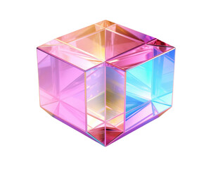 Wall Mural - A iridescent cube with a pink, yellow, and blue gradient, isolated on a transparent background.