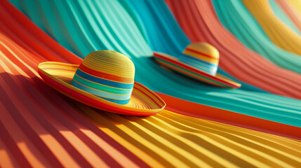 two colorful sombreros on a wavy, striped fabric background, embodying the festive spirit and vibran