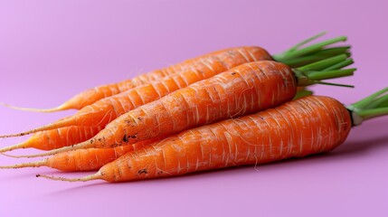 Wall Mural - Freshly harvested carrots with green tops on a pastel pink background, showcasing vibrant and natural produce