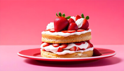 Wall Mural - strawberry shortcake on a red plate with fresh strawberries on top and a pink background 2