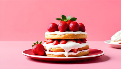 strawberry shortcake on a red plate with fresh strawberries on top and a pink background 4