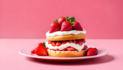 Wall Mural - strawberry shortcake on a red plate with fresh strawberries on top and a pink background 15