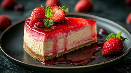 A piece of delicate strawberry cheesecake with jelly on an elegant plate.