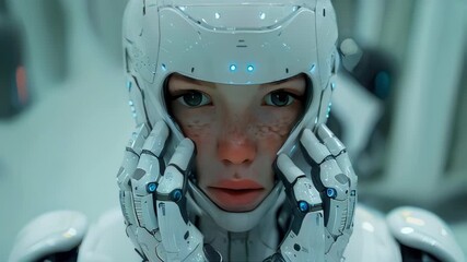 Poster - Robot and human face. Concept of artificial intelligence and cybersecurity