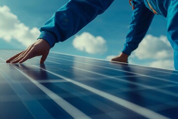 Wall Mural - close up installation of rooftop solar panel to harness renewable energy efficiently