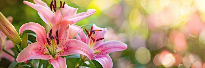 Canvas Print - Lily flowers in bloom in the garden with shallow depth of field