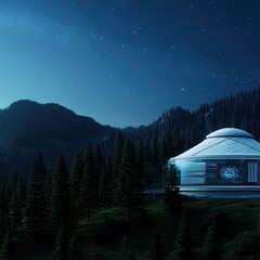 A futuristic structure nestled among towering trees under a starry night sky, showcasing a blend of nature and technology.