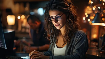 Poster - Beautiful businesswoman is working in the office with a tablet