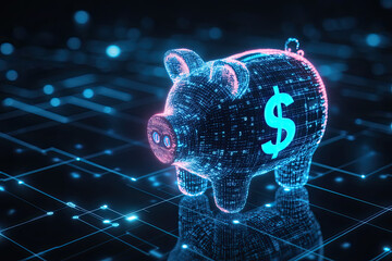 AI in financial management systems: budgeting apps, investment platforms, and personalized savings strategies, featuring a digital blue piggy bank with a dollar 