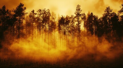 Wall Mural - Misty Forest at Sunset.