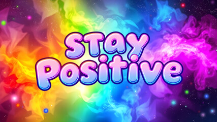 Wall Mural - “Stay Positive” text in a bubble letter font on a cheerful rainbow background. Generative AI