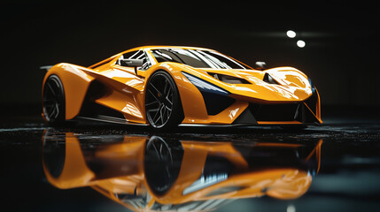 Wall Mural - Luxurious orange sports car reflecting on a wet road under dramatic lighting.
