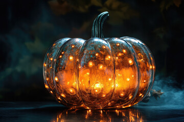 Wall Mural - Illuminated Glass Pumpkin with Warm Lights Inside for Halloween Decor