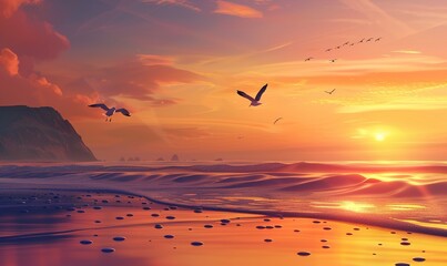 Wall Mural - summer beach scene with waves and beautiful sun sky view Generate AI